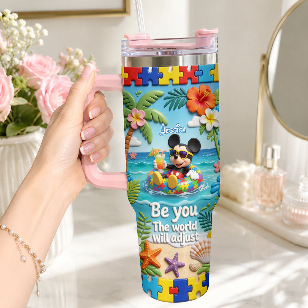 Be You The World Will Adjust - Personalized Autism Awareness Tumbler With Plush Charm