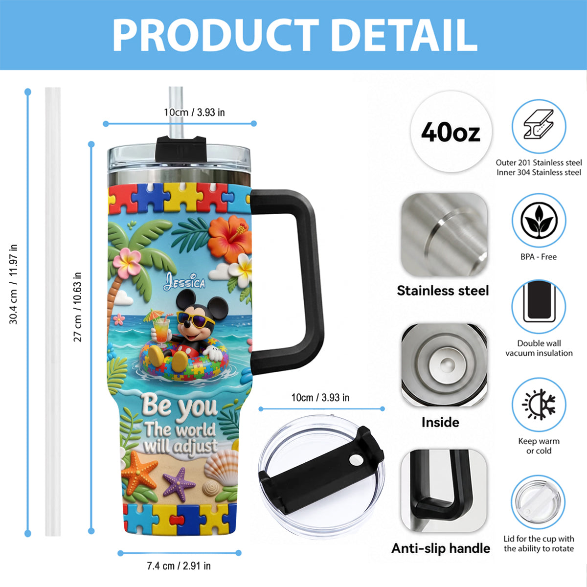 Be You The World Will Adjust - Personalized Autism Awareness Tumbler With Plush Charm