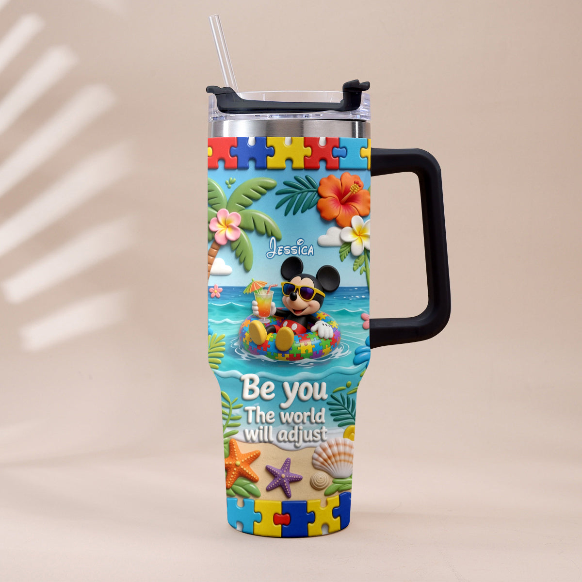 Be You The World Will Adjust - Personalized Autism Awareness Tumbler With Plush Charm