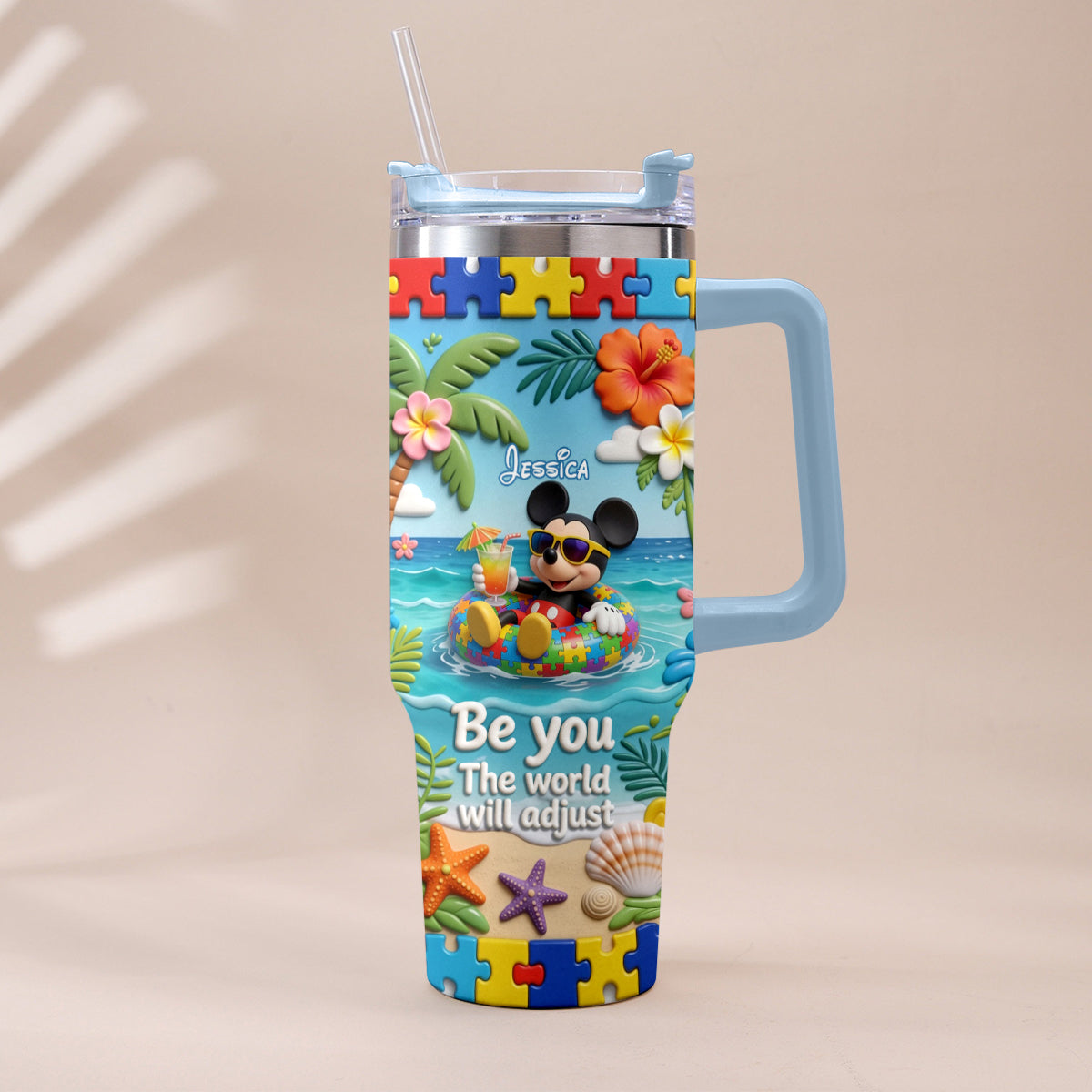 Be You The World Will Adjust - Personalized Autism Awareness Tumbler With Plush Charm