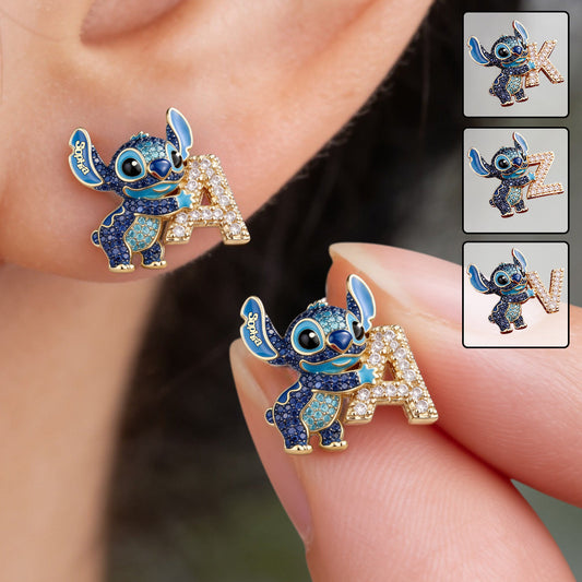 Cute Blue Alien With Letter - Personalized Ohana Stud Earrings