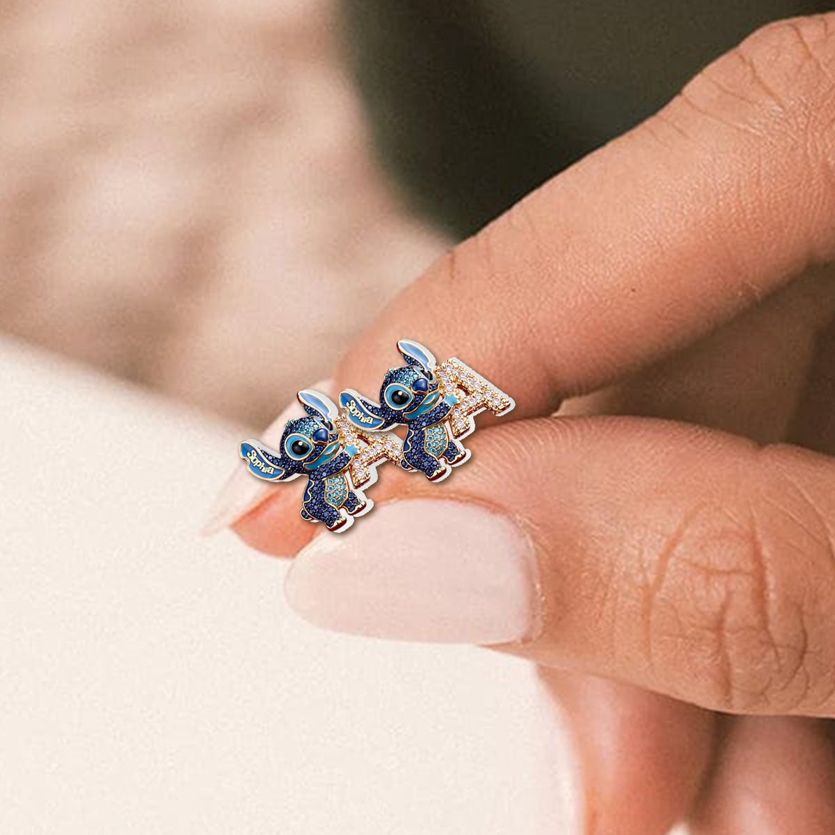 Cute Blue Alien With Letter - Personalized Ohana Stud Earrings