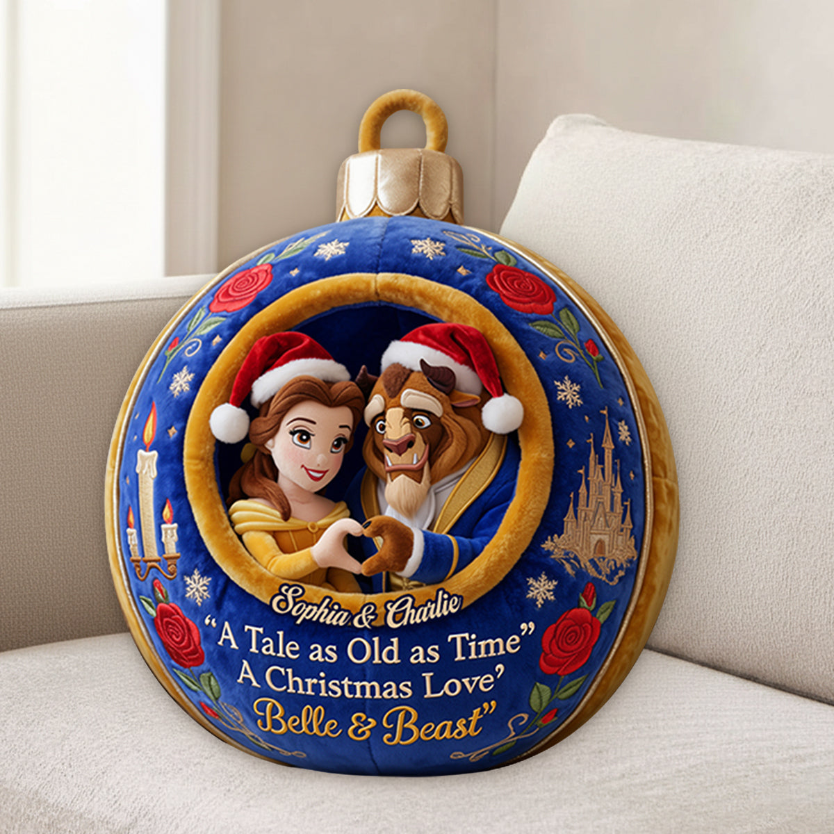 Merry Christmas Couple Gift - Personalized Beauty And The Beast Premium Faux Fur Pillow