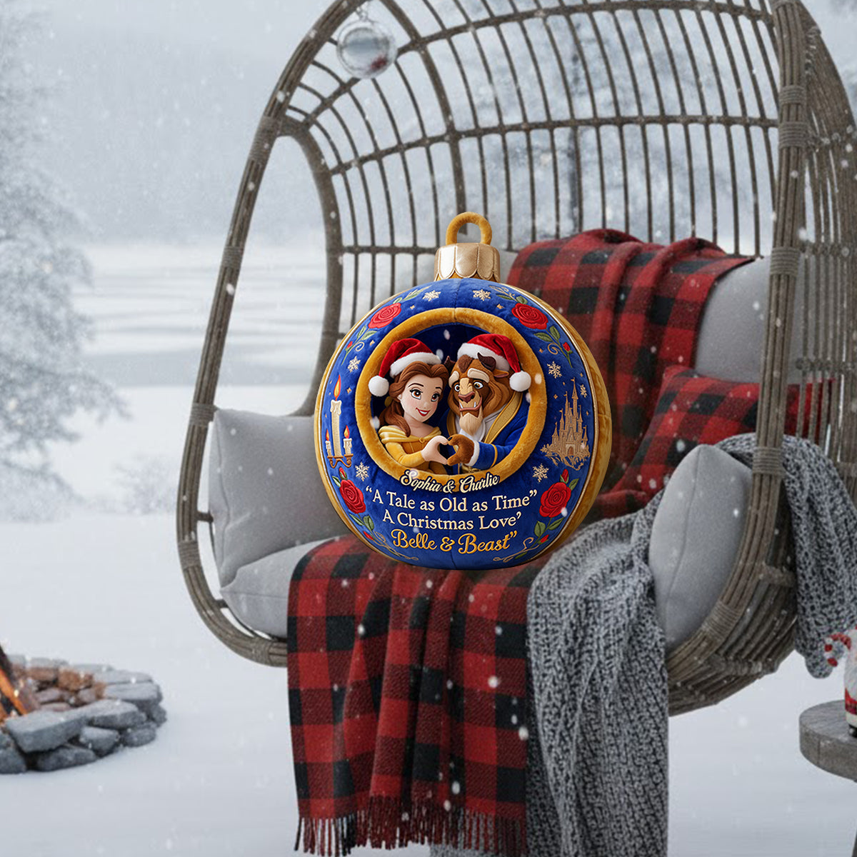 Merry Christmas Couple Gift - Personalized Beauty And The Beast Premium Faux Fur Pillow