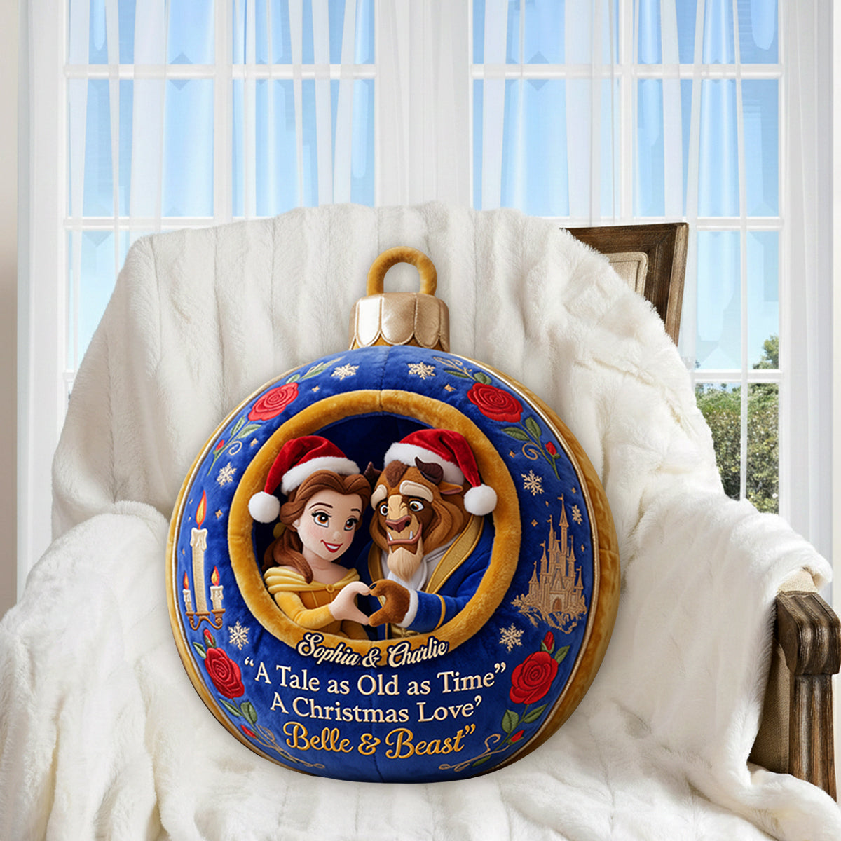 Merry Christmas Couple Gift - Personalized Beauty And The Beast Premium Faux Fur Pillow
