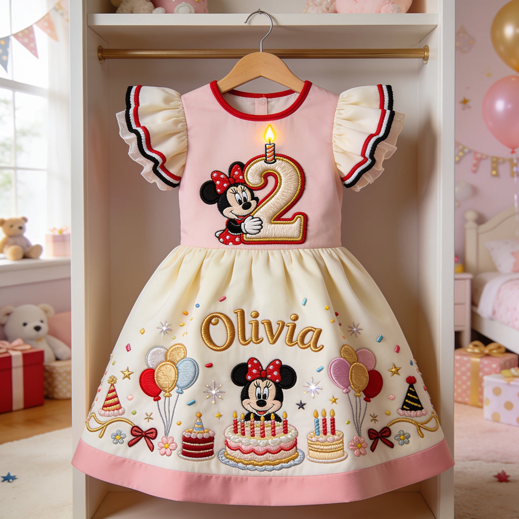 Magical Mouse Ears Birthday Gift For Kids - Personalized Mouse Kid Ruffle Sleeve Dress