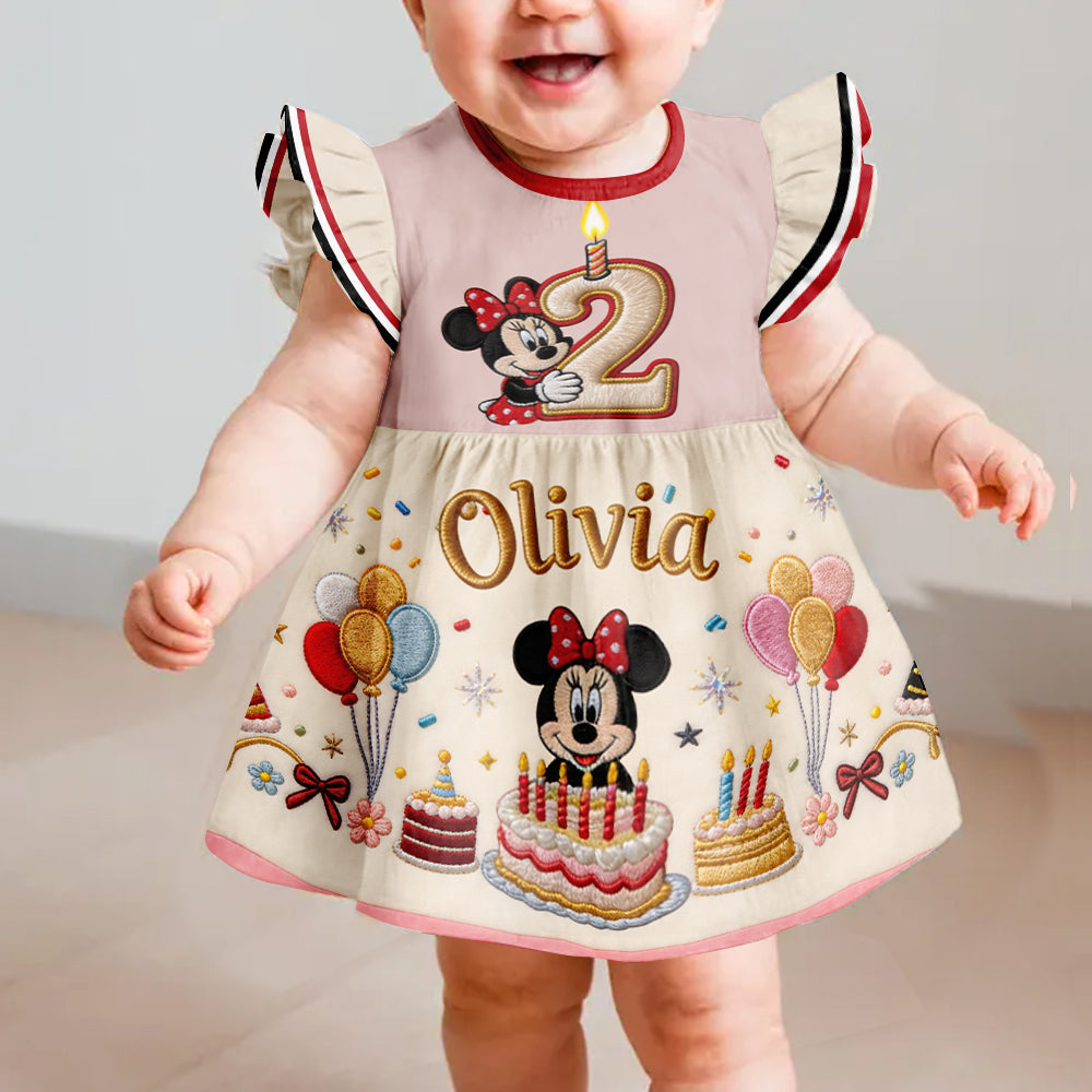 Magical Mouse Ears Birthday Gift For Kids - Personalized Mouse Kid Ruffle Sleeve Dress