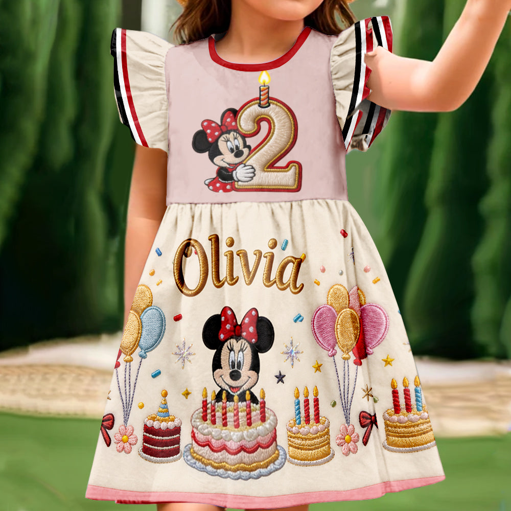 Magical Mouse Ears Birthday Gift For Kids - Personalized Mouse Kid Ruffle Sleeve Dress