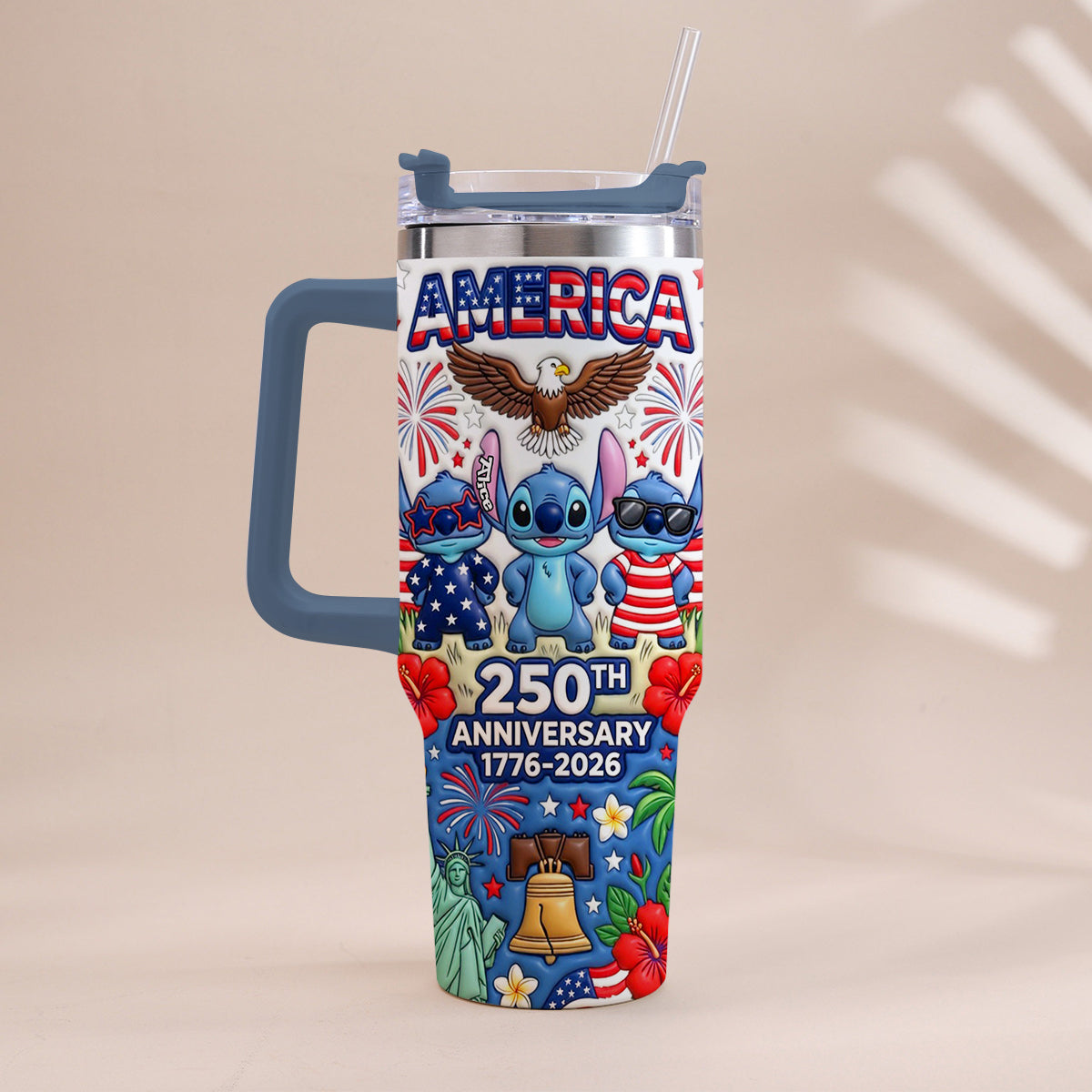 Cute Blue Alien USA 250th Anniversary - Personalized Ohana Tumbler With Handle