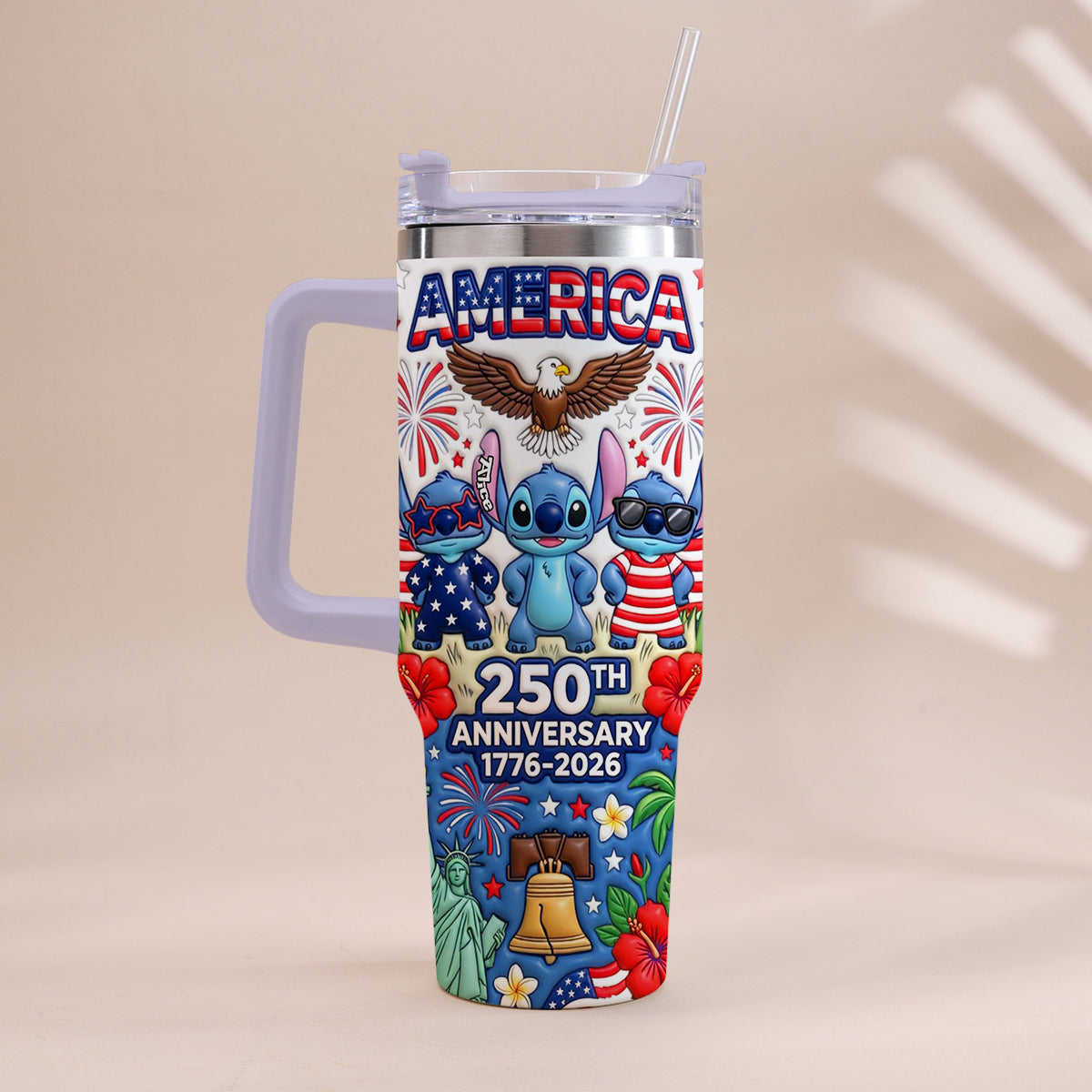 Cute Blue Alien USA 250th Anniversary - Personalized Ohana Tumbler With Handle