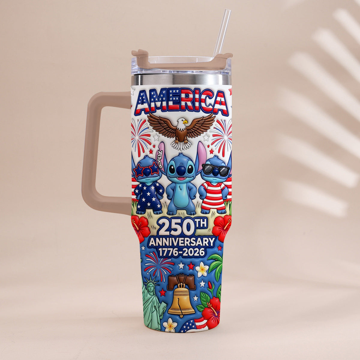 Cute Blue Alien USA 250th Anniversary - Personalized Ohana Tumbler With Handle