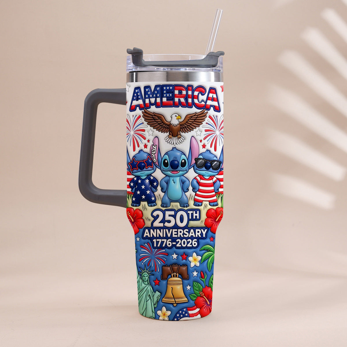 Cute Blue Alien USA 250th Anniversary - Personalized Ohana Tumbler With Handle