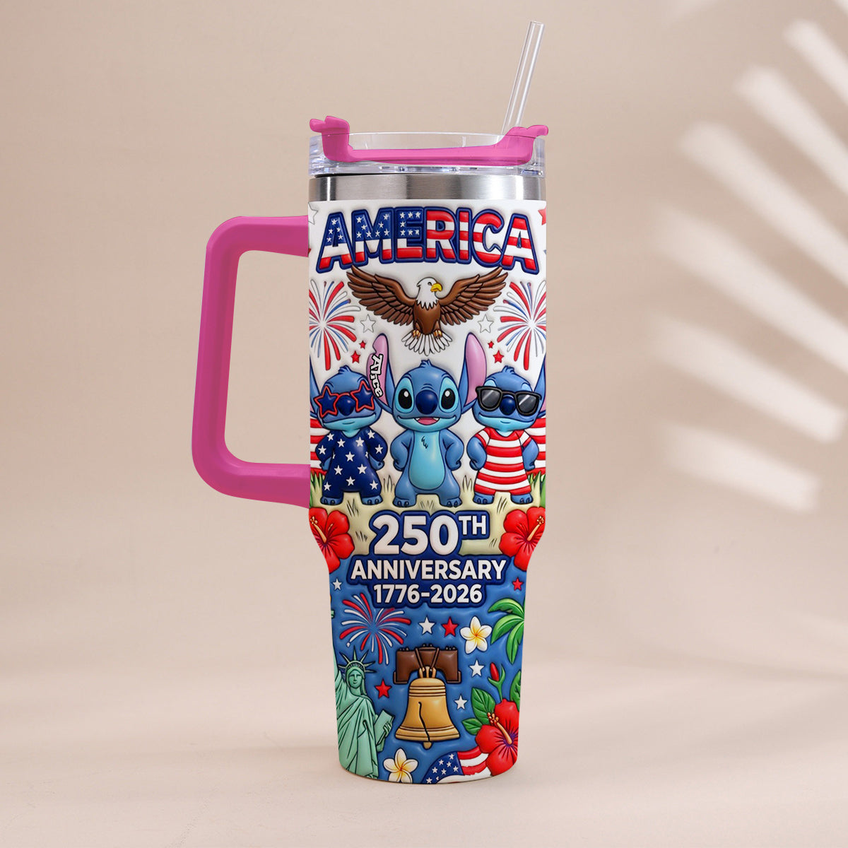 Cute Blue Alien USA 250th Anniversary - Personalized Ohana Tumbler With Handle