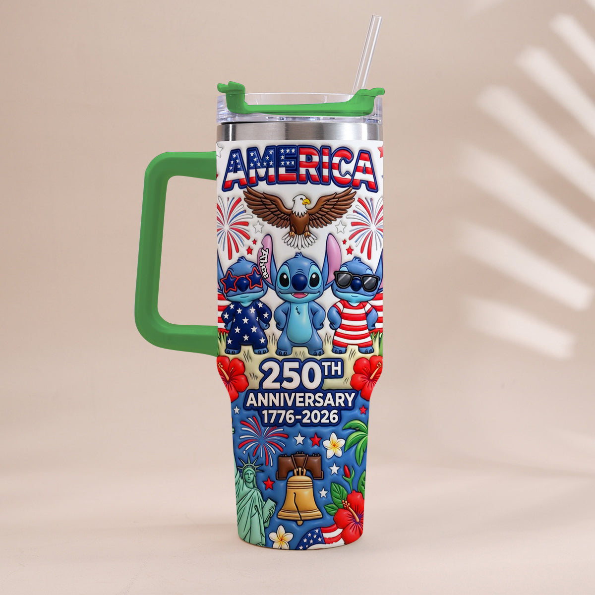 Cute Blue Alien USA 250th Anniversary - Personalized Ohana Tumbler With Handle