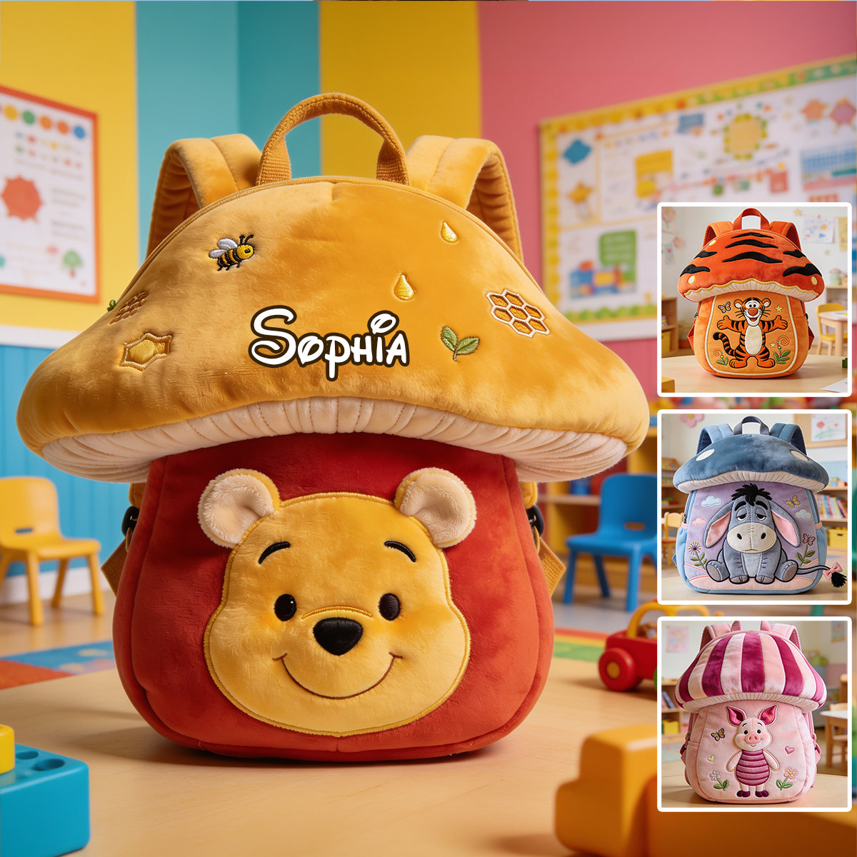 Honey Bear Mushroom - Personalized Yellow Bear Plush Backpack