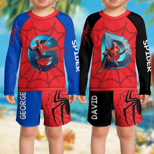 Cool Spider - Personalized Kid Swimsuit Trunk Rashguard Set