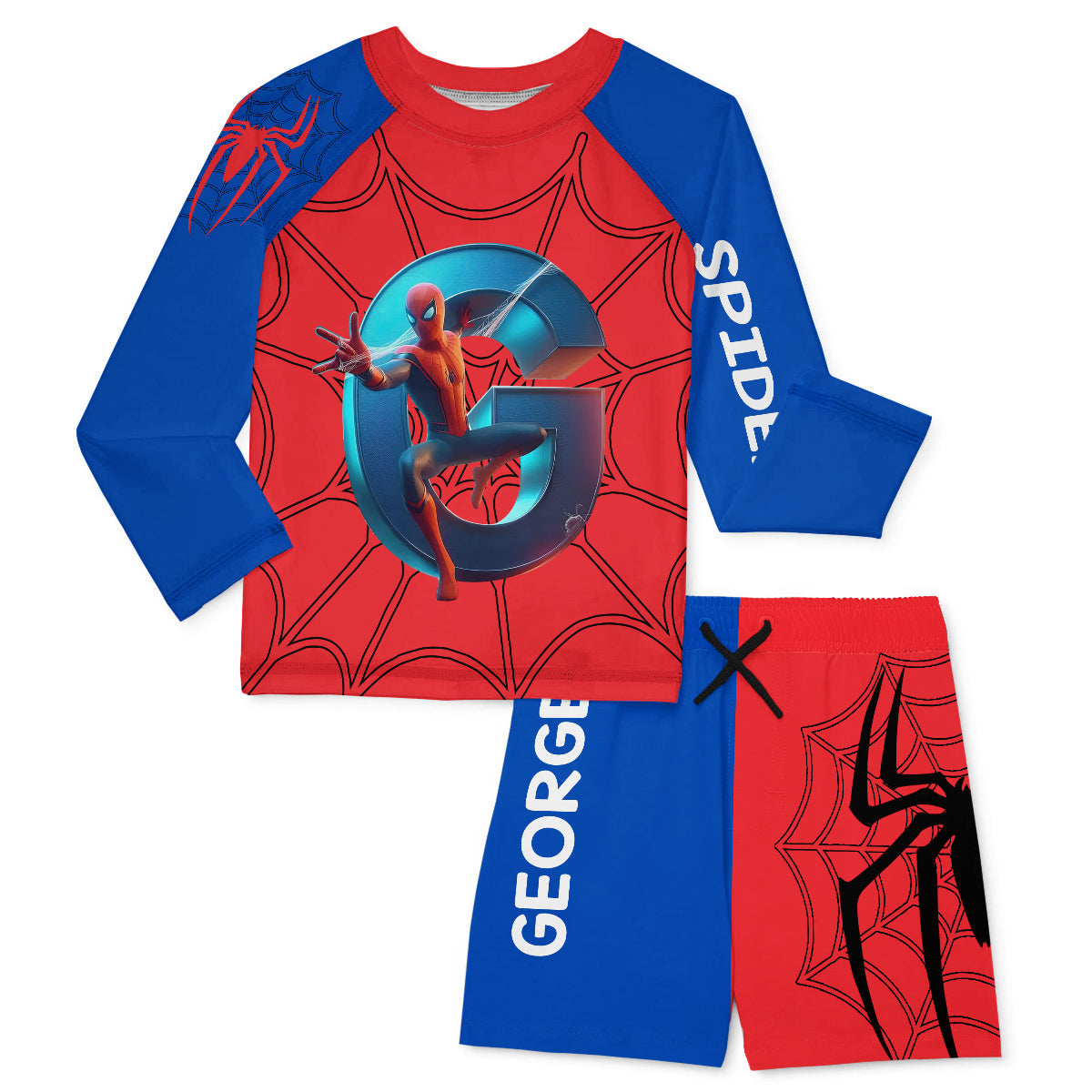 Cool Spider - Personalized Kid Swimsuit Trunk Rashguard Set