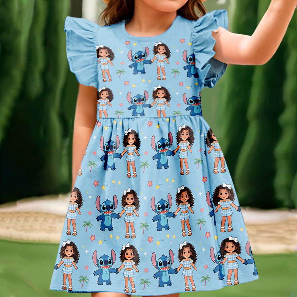 Ohana Means Family - Personalized Kid Ruffle Sleeve Dress