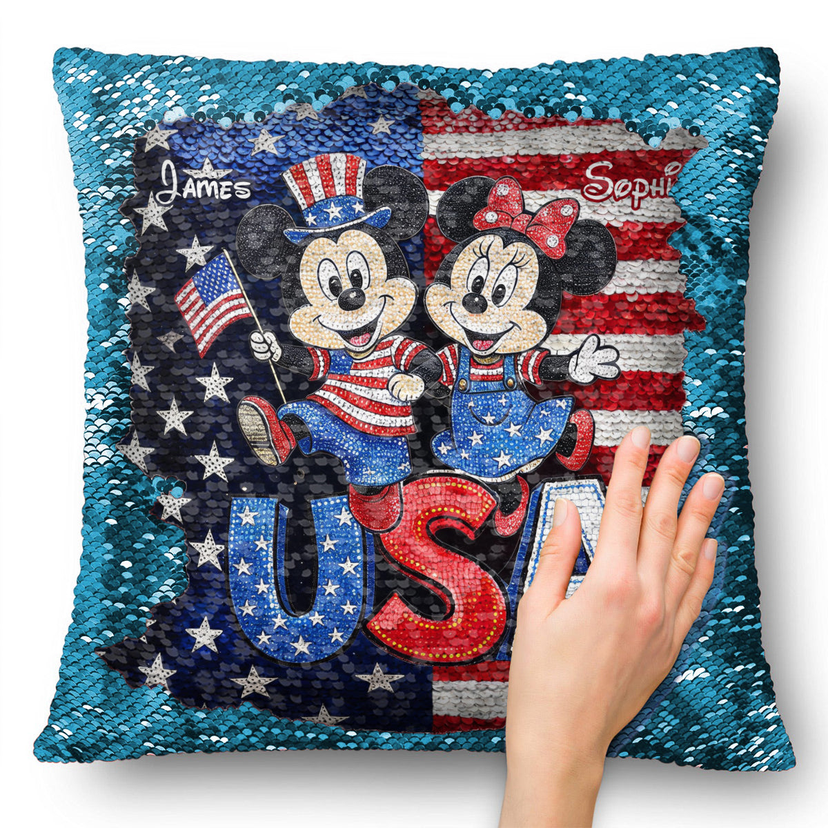 Mouse Couple USA 250 Years Anniversary - Personalized Mouse Sequin Pillow Cover