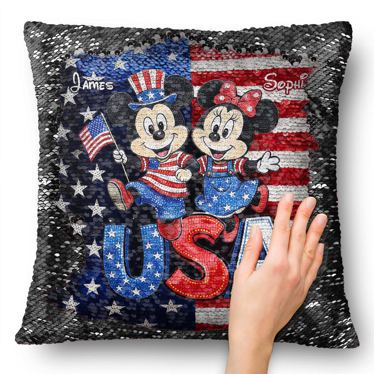 Mouse Couple USA 250 Years Anniversary - Personalized Mouse Sequin Pillow Cover