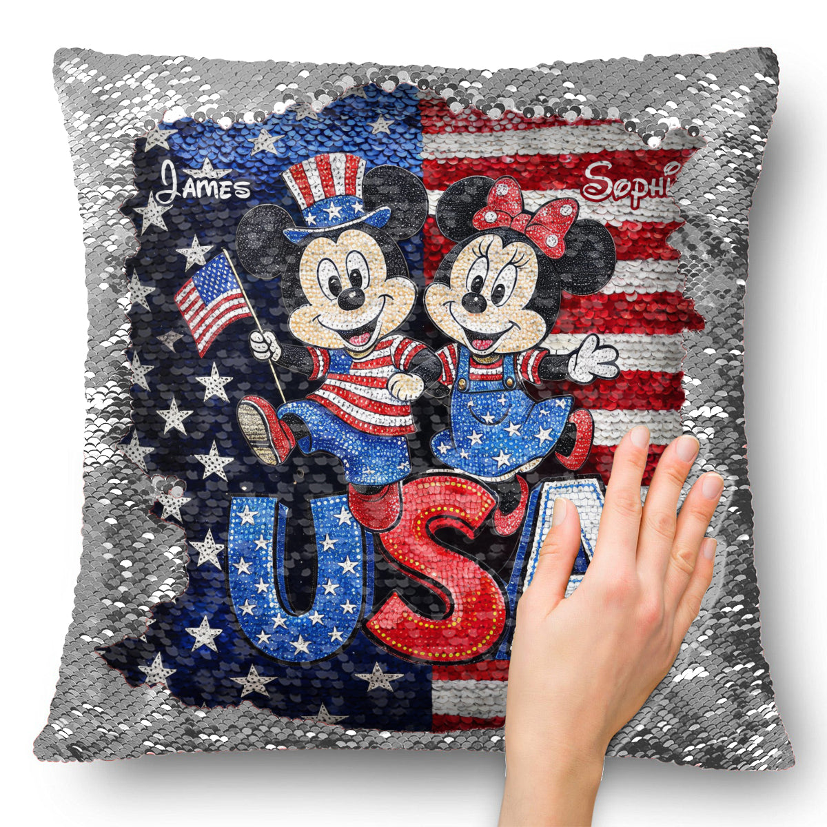 Mouse Couple USA 250 Years Anniversary - Personalized Mouse Sequin Pillow Cover