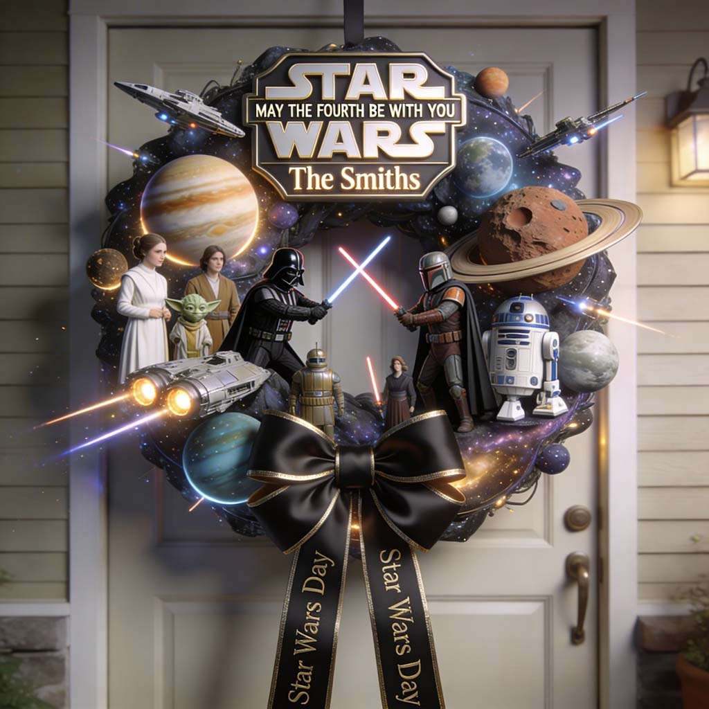 May The Fourth Be With You - Personalized The Force Shaped Wood Sign With Sash