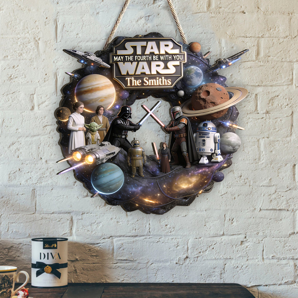May The Fourth Be With You - Personalized The Force Shaped Wood Sign With Sash