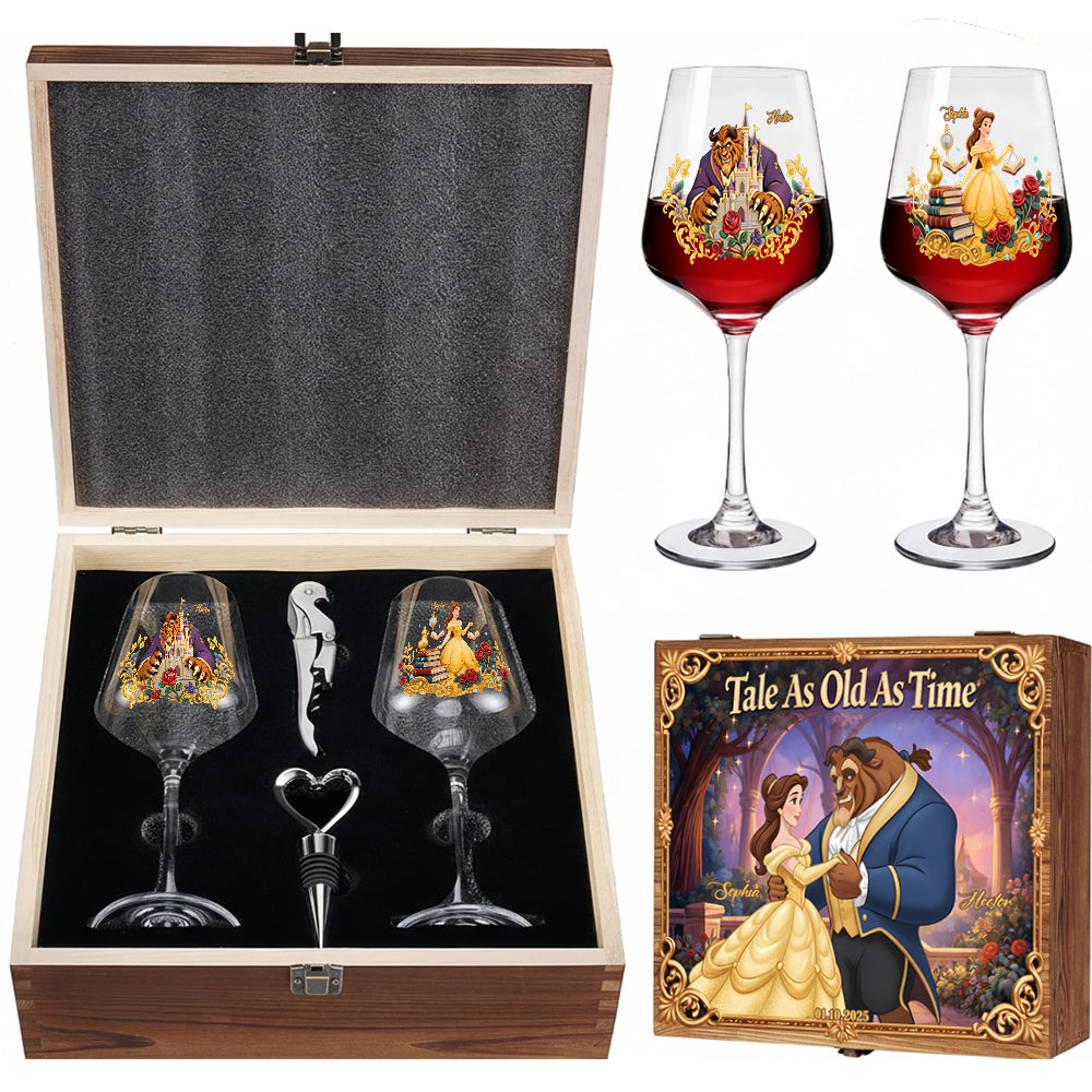 Tale As Old As Time - Personalized Beauty And The Beast Wine Glasses Set With Wooden Box