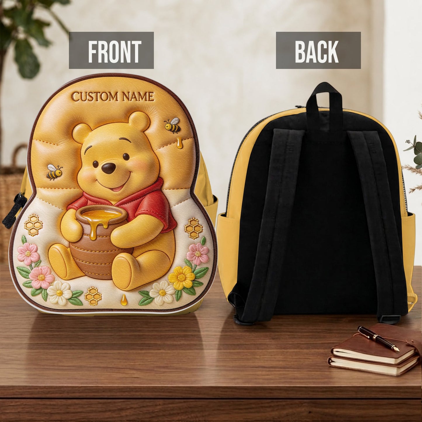 Bear, Honey And Flower - Personalized Yellow Bear Changeable Leather Patch Backpack