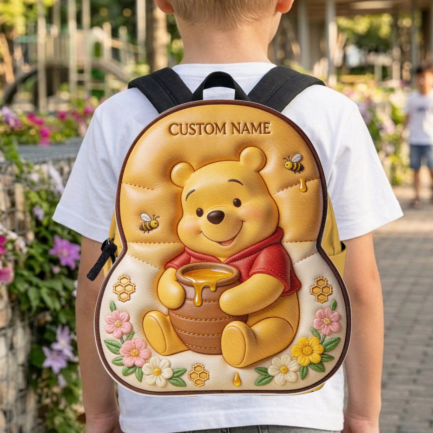 Bear, Honey And Flower - Personalized Yellow Bear Changeable Leather Patch Backpack