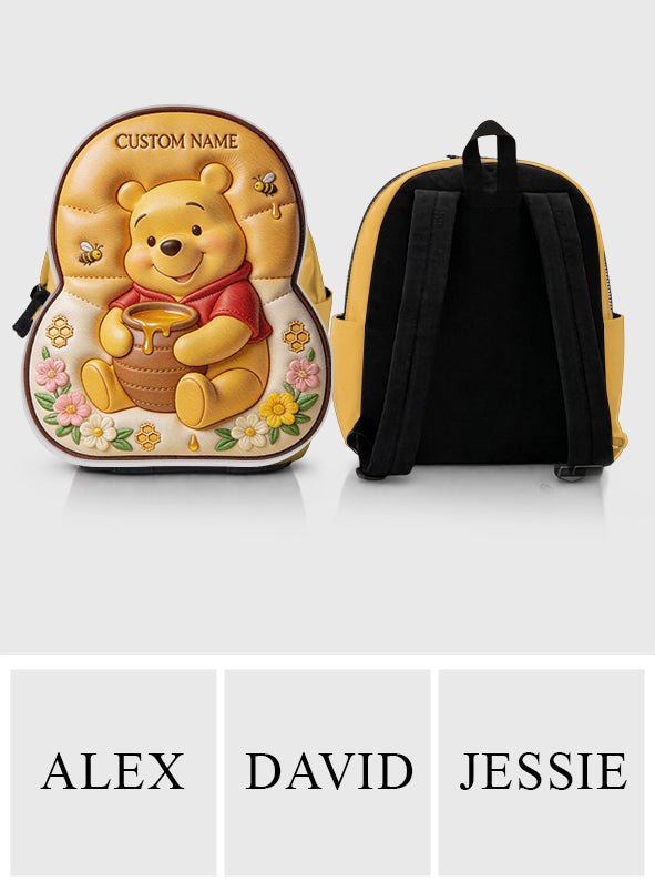 Bear, Honey And Flower - Personalized Yellow Bear Changeable Leather Patch Backpack