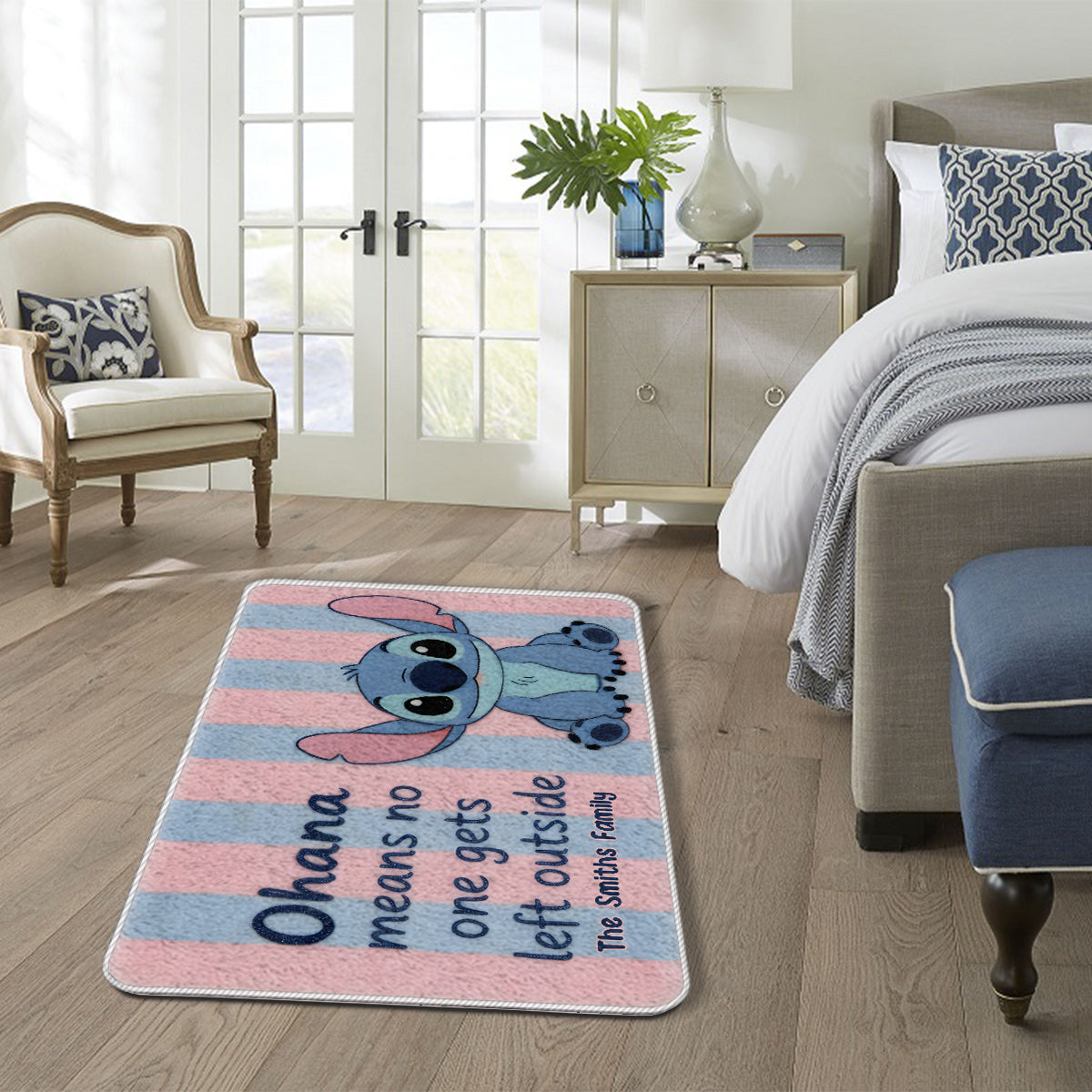 No One Gets Left Outside Pastel Pink Blue Stripes - Personalized Ohana Non-Slip Tufted Rug