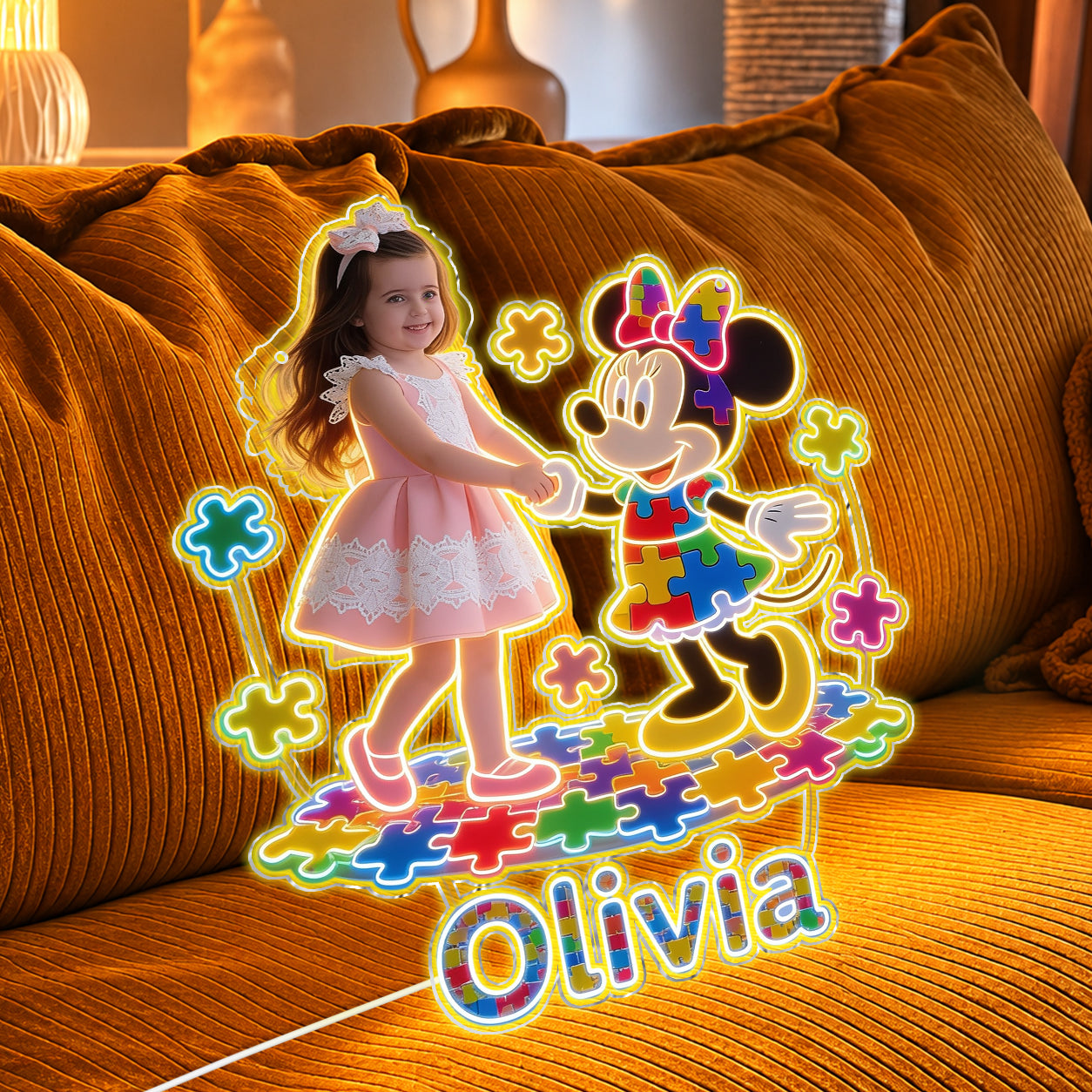 Autism Support Cartoon Puzzle - Personalized Autism Awareness Neon LED Light Sign