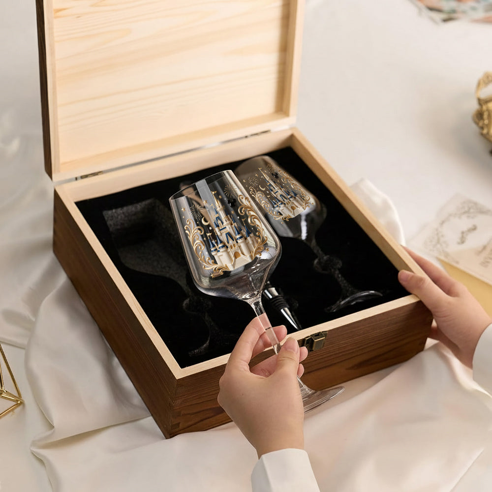 Believe In Magic - Personalized Dream Trip Wine Glasses Set With Wooden Box