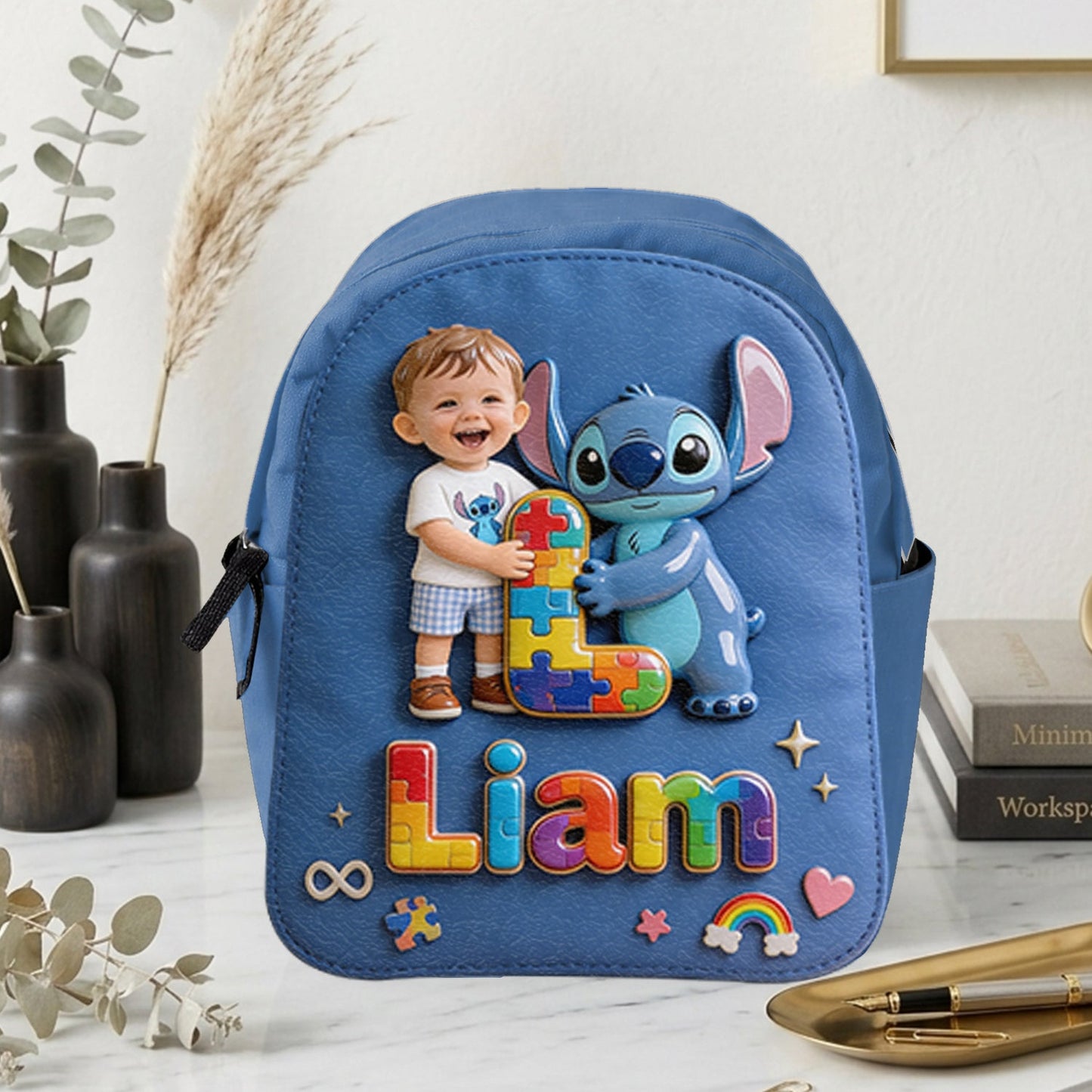 Autism Support Cartoon Puzzle Toy - Personalized Autism Awareness Changeable Leather Patch Backpack