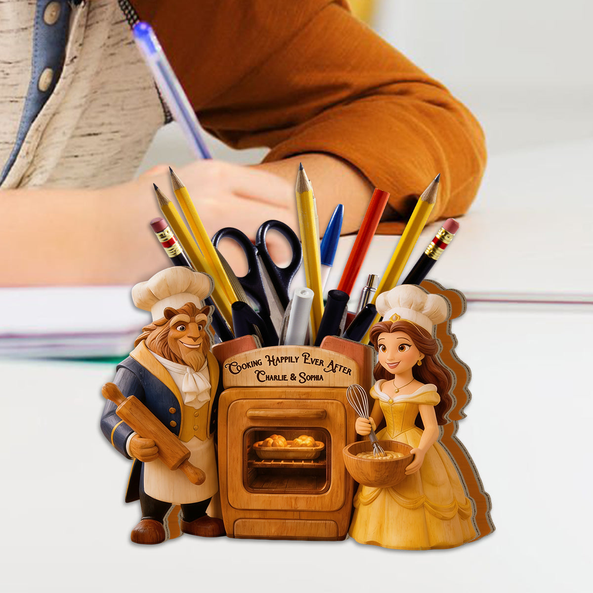 Cooking Happily Ever After - Personalized Beauty And The Beast Wooden Desk Organizer