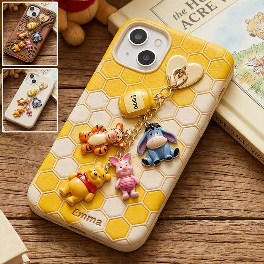Winnie Friends Leather Case & Dangling Charm - Personalized Yellow Bear 3D Embossed Leather Phone Case
