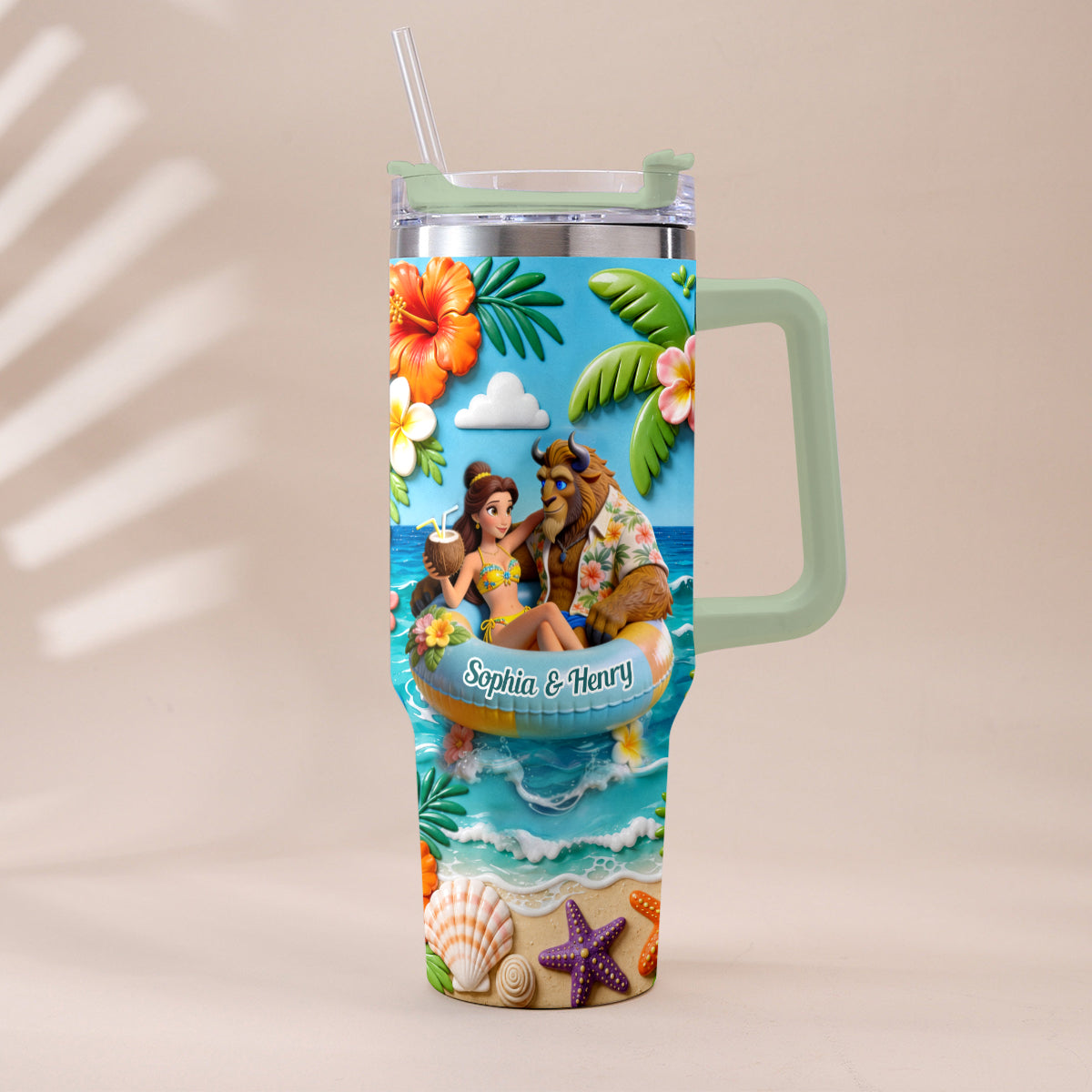 Summer Vibes - Personalized Beauty And The Beast Tumbler With Plush Charm