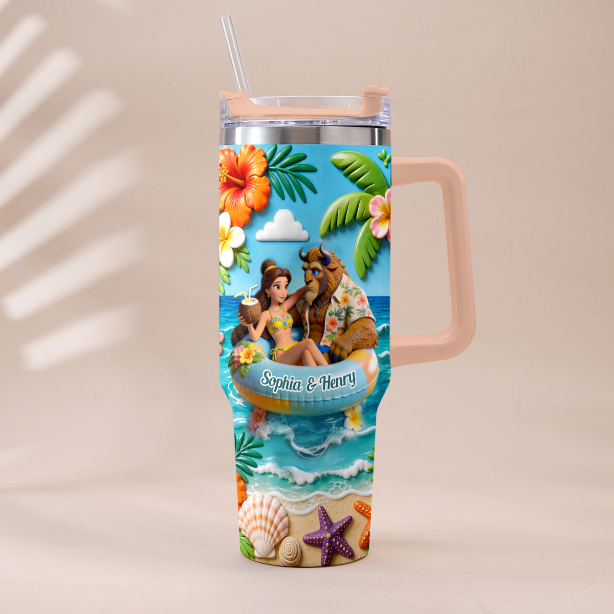 Summer Vibes - Personalized Beauty And The Beast Tumbler With Plush Charm