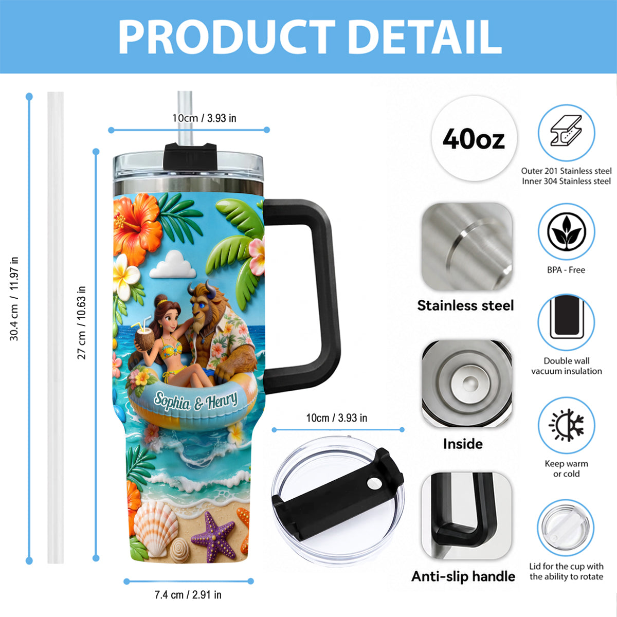 Summer Vibes - Personalized Beauty And The Beast Tumbler With Plush Charm
