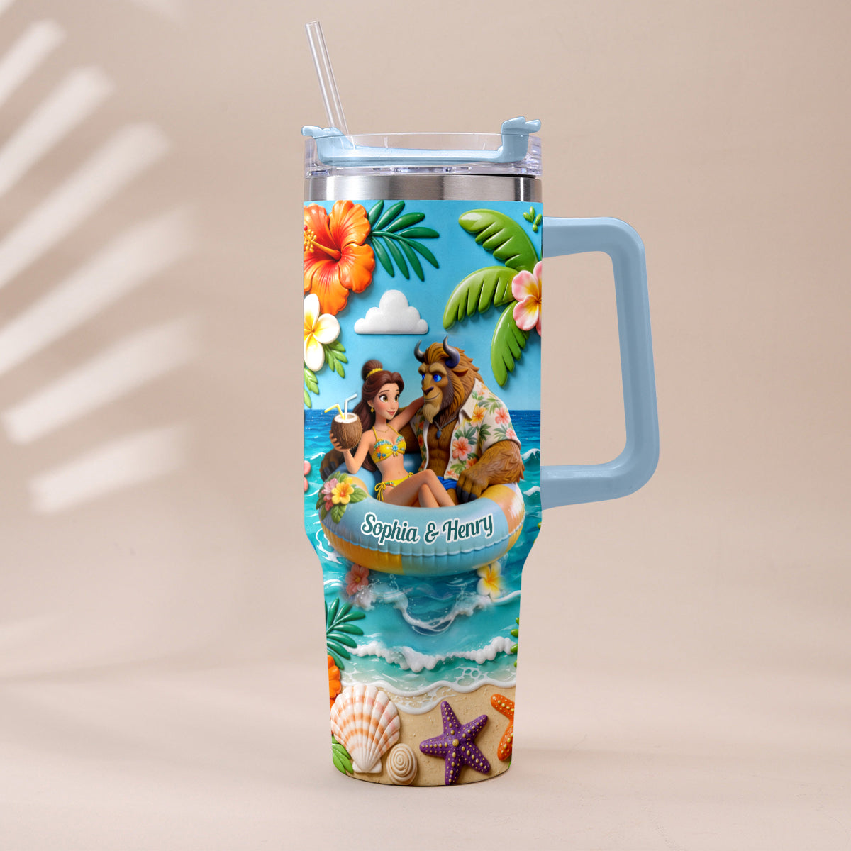 Summer Vibes - Personalized Beauty And The Beast Tumbler With Plush Charm