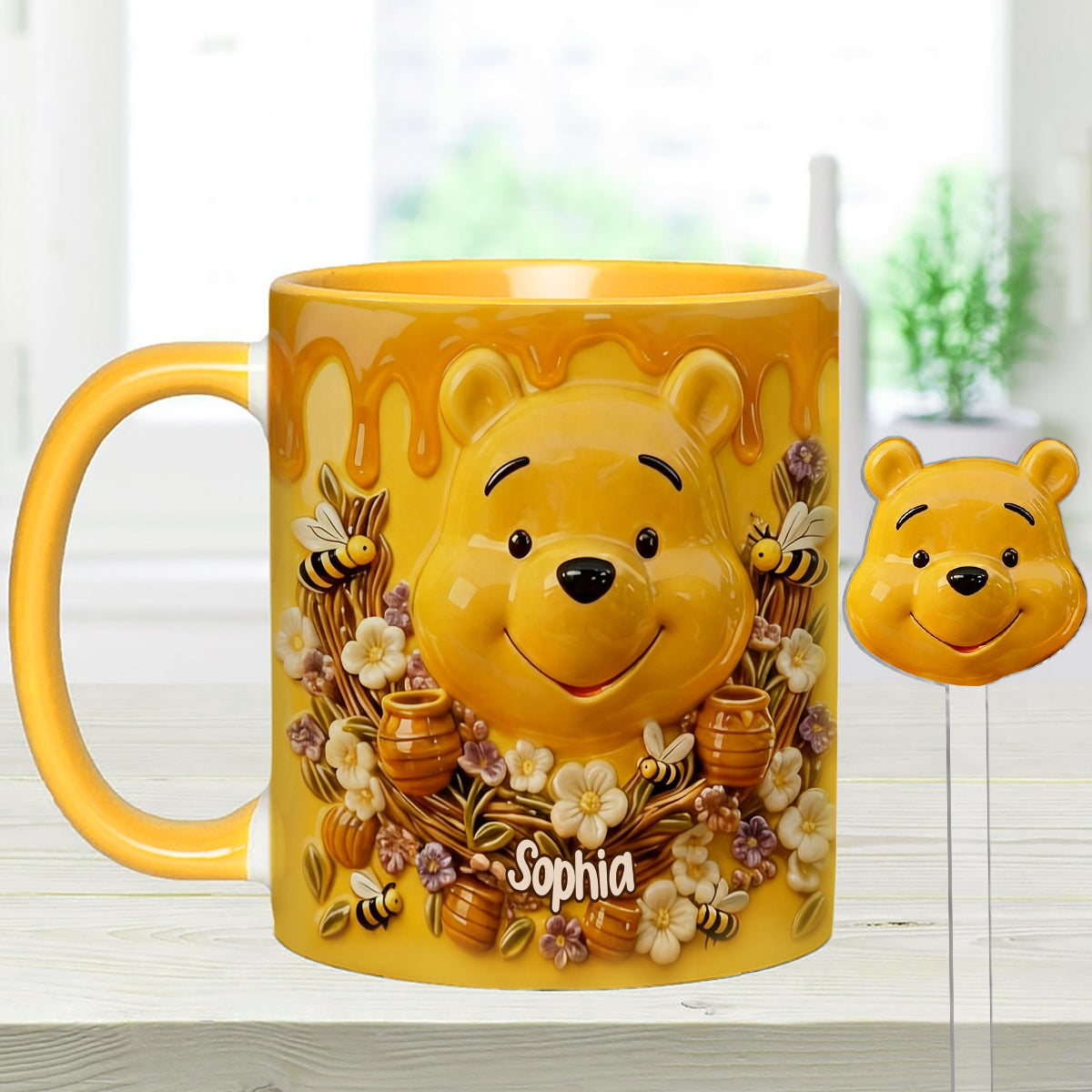 Love Honey Bear - Personalized Yellow Bear Set Accent Mug with Acrylic Stirrers