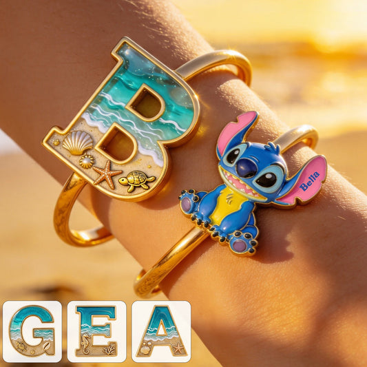 Ohana Alphabet Cutsom Name - Personalized Ohana Shaped Cuff Bracelet