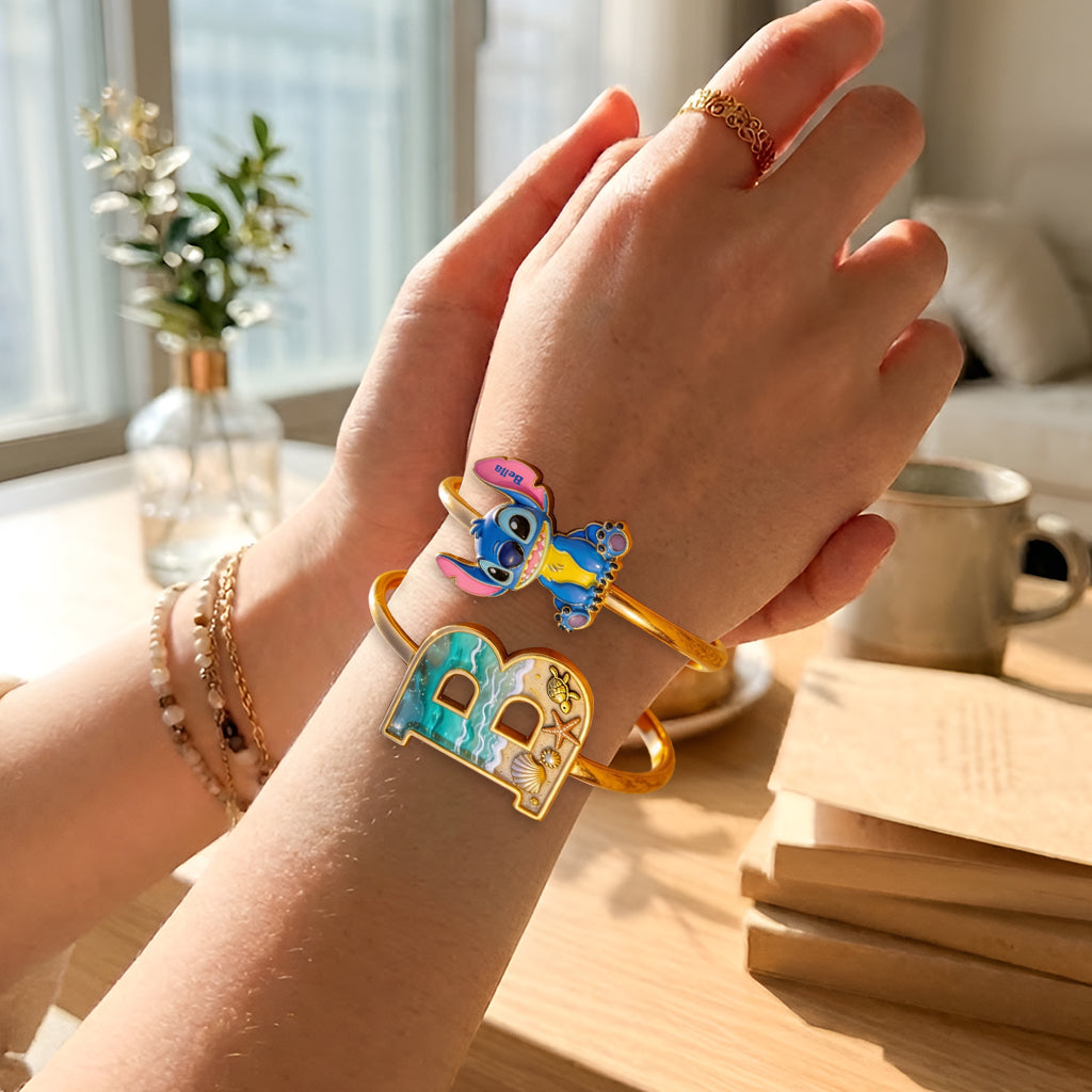 Ohana Alphabet Cutsom Name - Personalized Ohana Shaped Cuff Bracelet