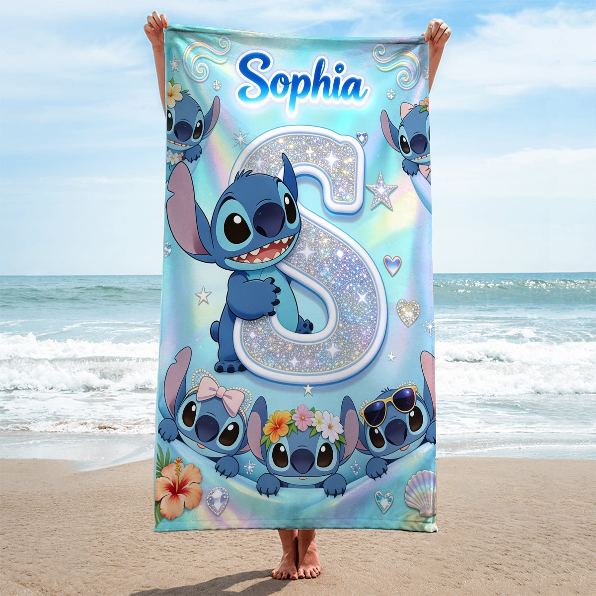 Cute Blue Alien With Letter - Personalized Ohana Quick-dry Beach Towel/ Bath Towel