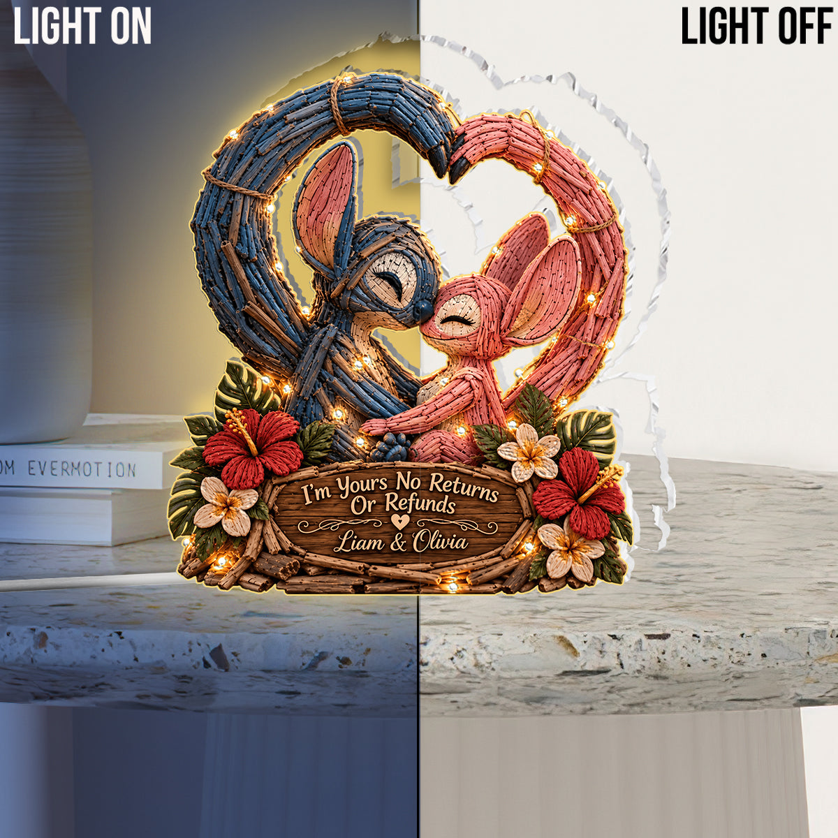 Blue Alien Couple Heart - Personalized Ohana Acrylic LED Night Light