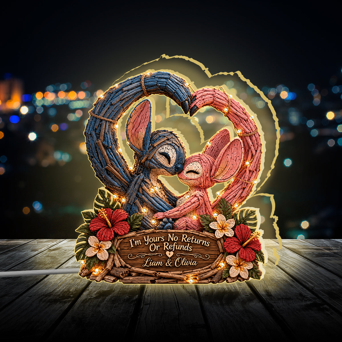 Blue Alien Couple Heart - Personalized Ohana Acrylic LED Night Light