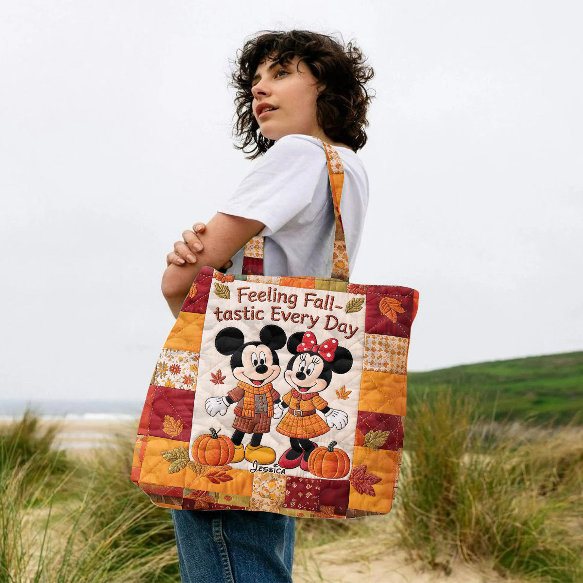 Cartoon Mouse Couple Autumn Vibes - Personalized Mouse Quilted Tote Bag