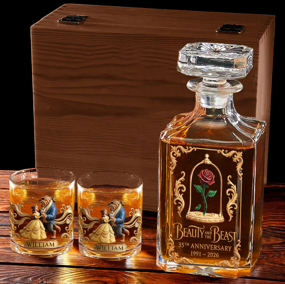 Princess And Her Beast 35th Anniversary - Personalized Beauty And The Beast Whiskey Decanter Set