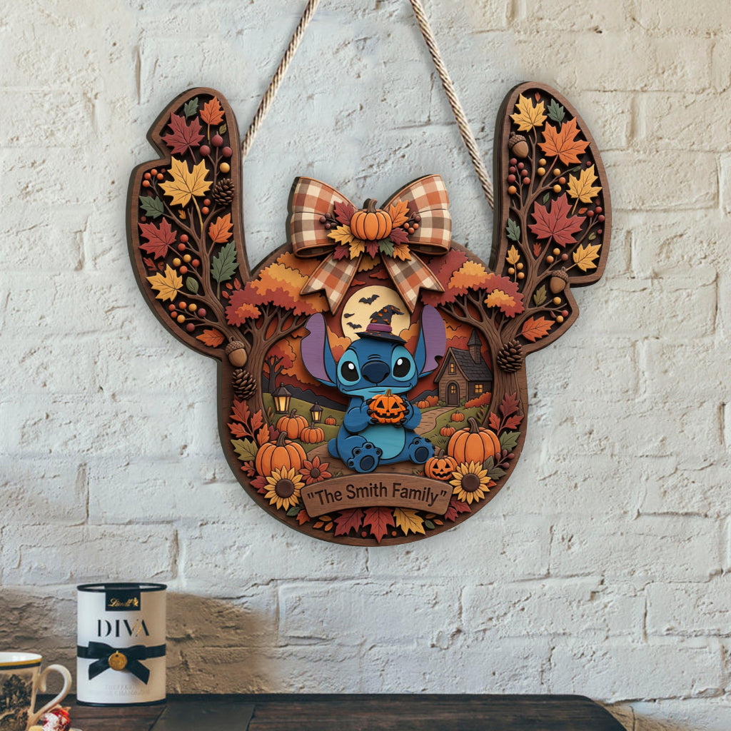 Blue Ohana & Spooky Season - Personalized Ohana Custom Shaped Wood Sign